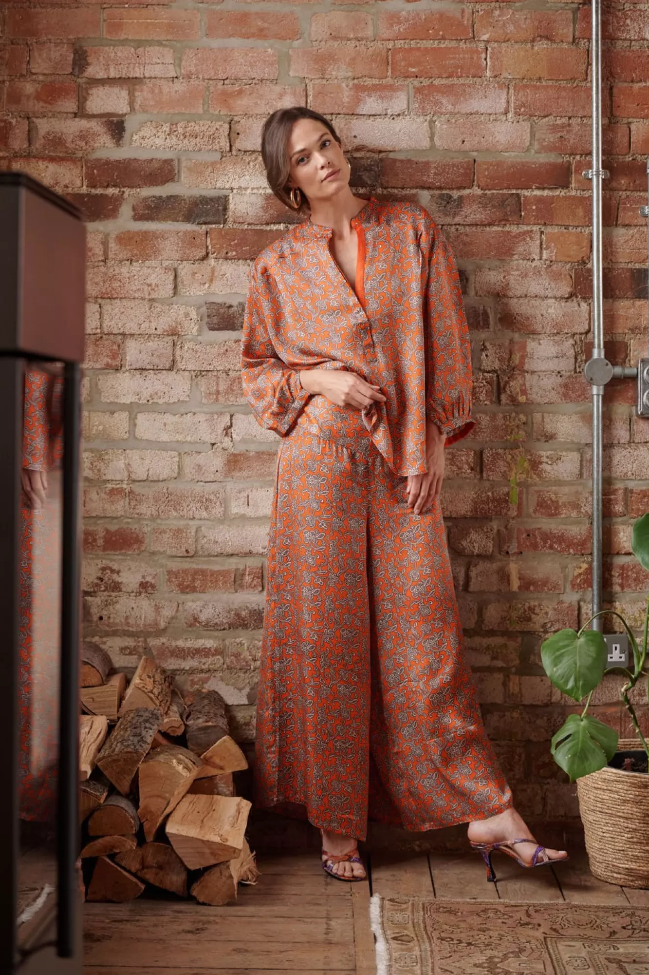 Women One Hundred Stars Palazzo Pants-Floral Paisley Orange Palazzo Pant