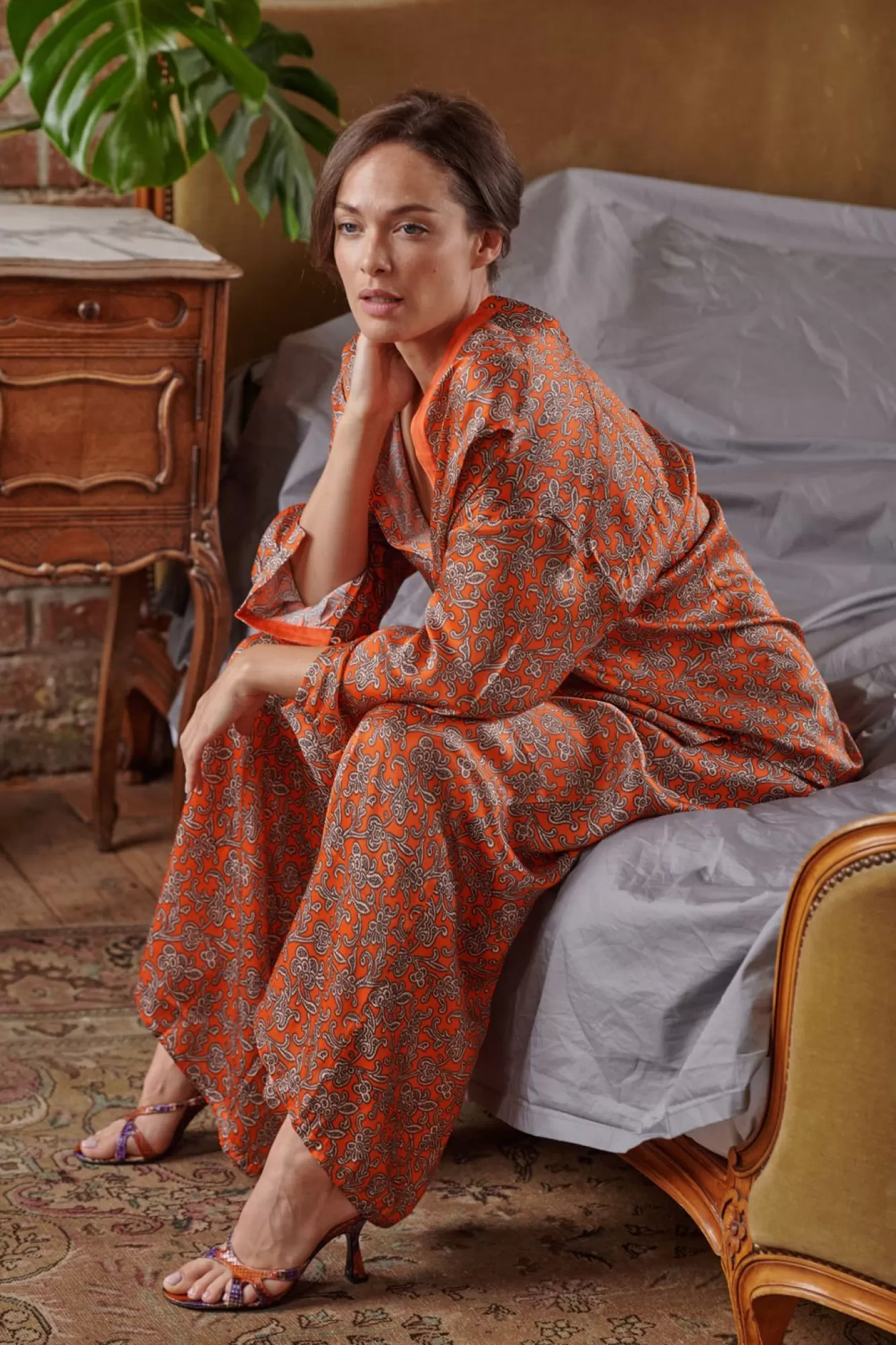 Women One Hundred Stars Palazzo Pants-Floral Paisley Orange Palazzo Pant