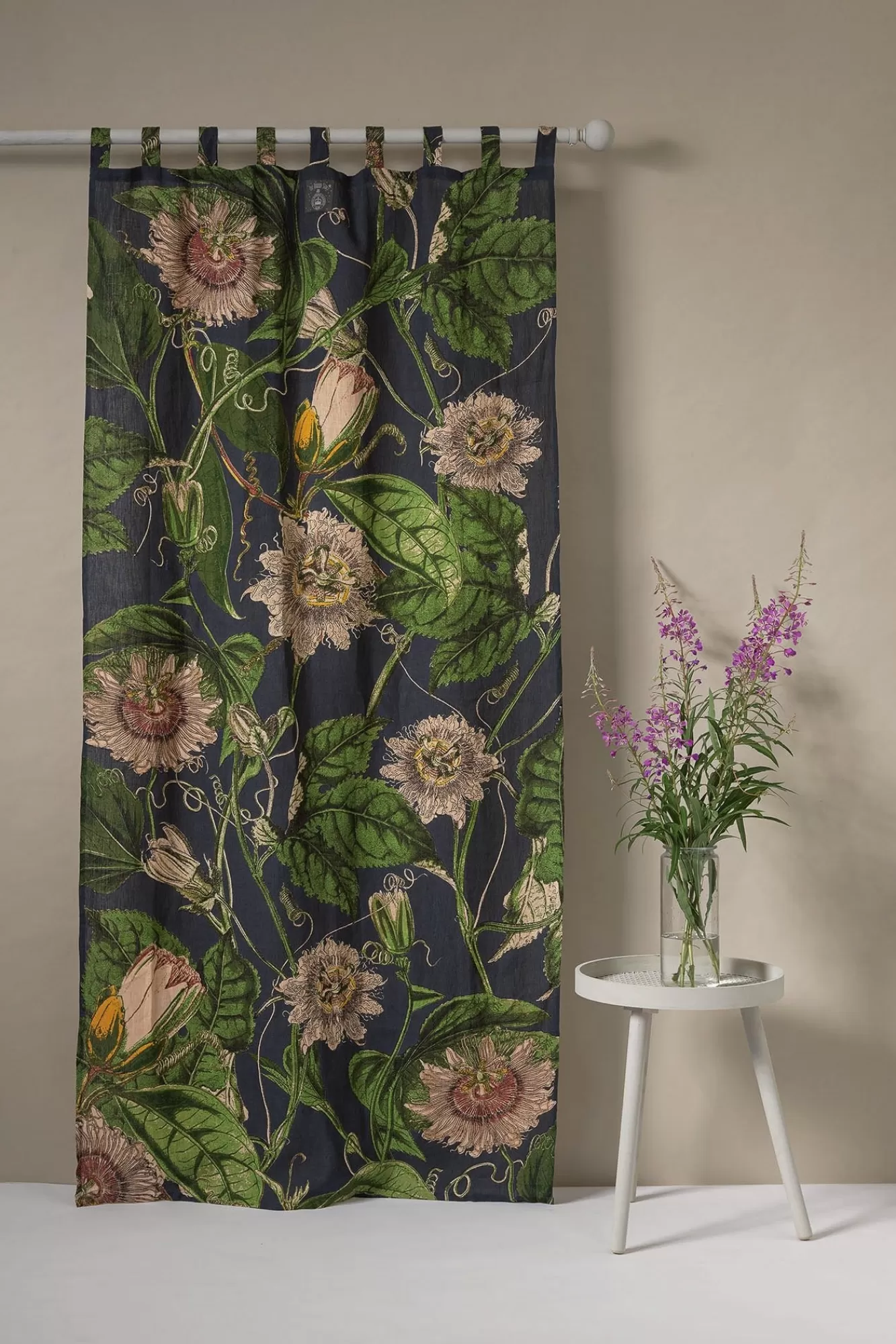 One Hundred Stars Curtains-Kew Passion Flower Grey Linen Panel