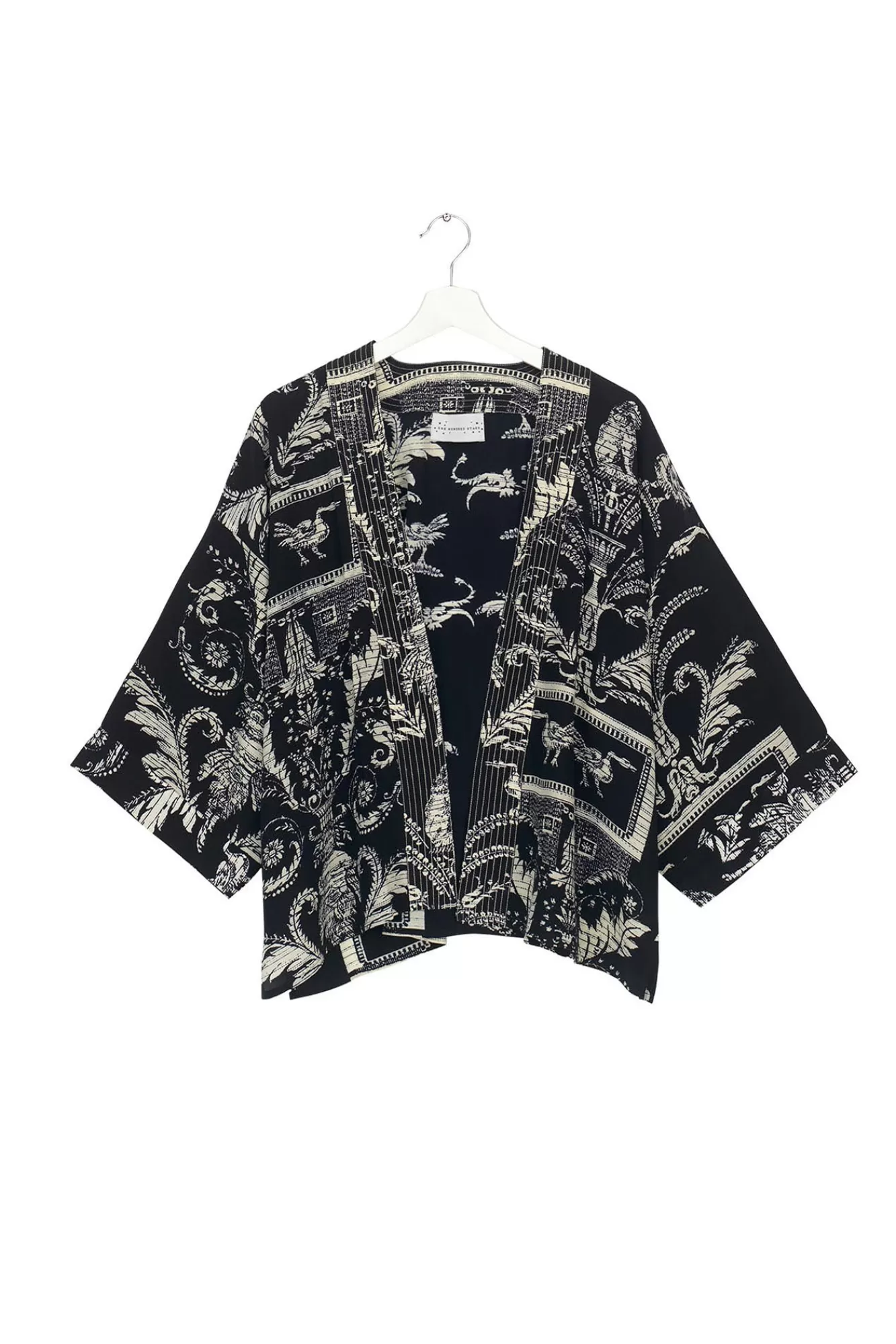 Women One Hundred Stars Short Kimonos-Vintage Damask Black Crepe Kimono